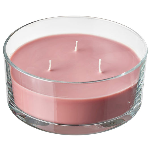 LOTSFÅGEL scented candle in glass, 3 wicks, Red berries light pink, 25 hr