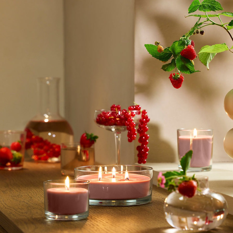 LOTSFÅGEL scented candle in glass, 3 wicks, Red berries light pink, 15 cm