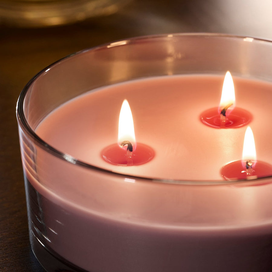 LOTSFÅGEL scented candle in glass, 3 wicks, Red berries light pink, 15 cm