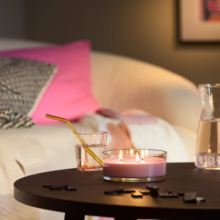LOTSFÅGEL scented candle in glass, 3 wicks, Red berries light pink, 15 cm