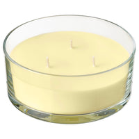 LOTSFÅGEL scented candle in glass, 3 wicks, Citrus flower light yellow, 25 hr