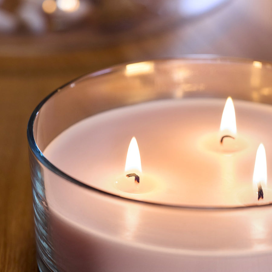 LOTSFÅGEL scented candle in glass, 3 wicks, Pink flowers pale pink, 15 cm