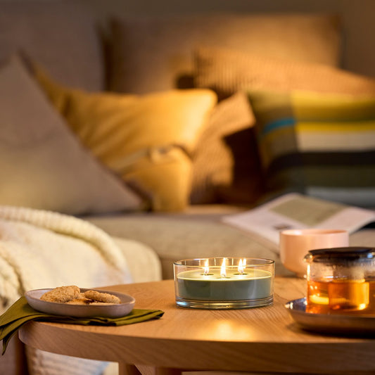 LOTSFÅGEL scented candle in glass, 3 wicks, Fig leaf green, 25 hr