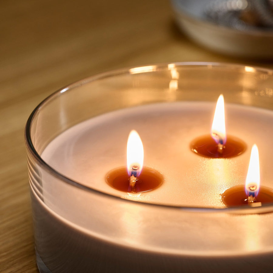LOTSFÅGEL scented candle in glass, 3 wicks, Sandalwood & patchouli brown, 25 hr