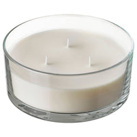 LOTSFÅGEL scented candle in glass, 3 wicks, Vanilla pale beige, 15 cm