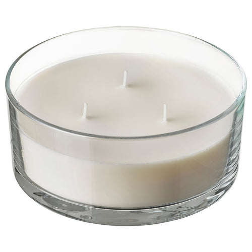 LOTSFÅGEL scented candle in glass, 3 wicks, Vanilla pale beige, 15 cm
