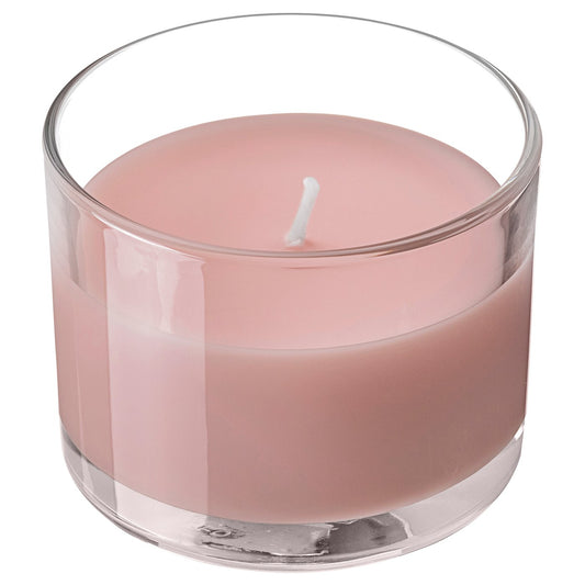 LOTSFÅGEL scented candle in glass, Red berries light pink, 8 cm