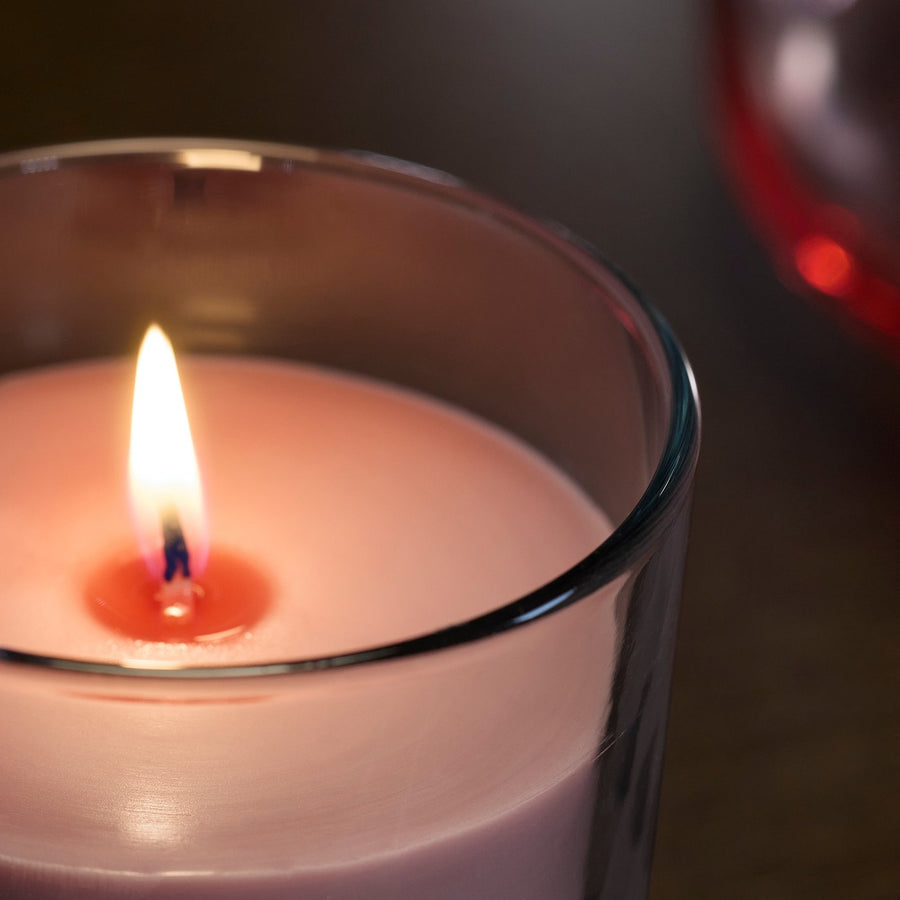 LOTSFÅGEL scented candle in glass, Red berries light pink, 40 hr