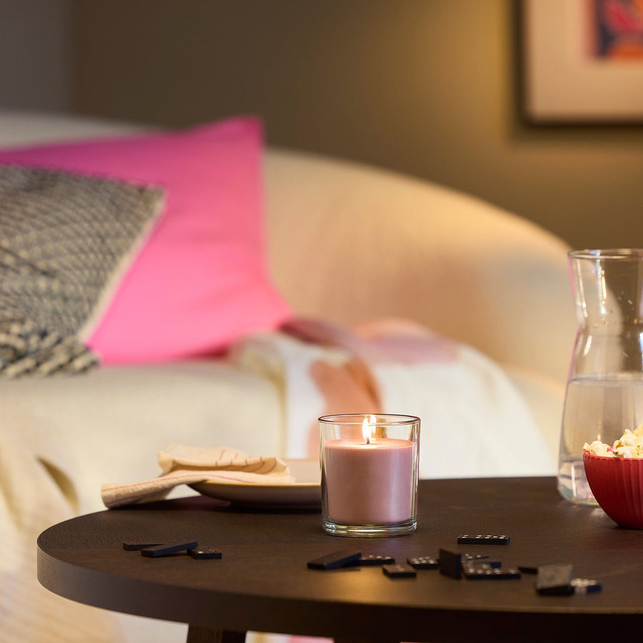 LOTSFÅGEL scented candle in glass, Red berries light pink, 40 hr