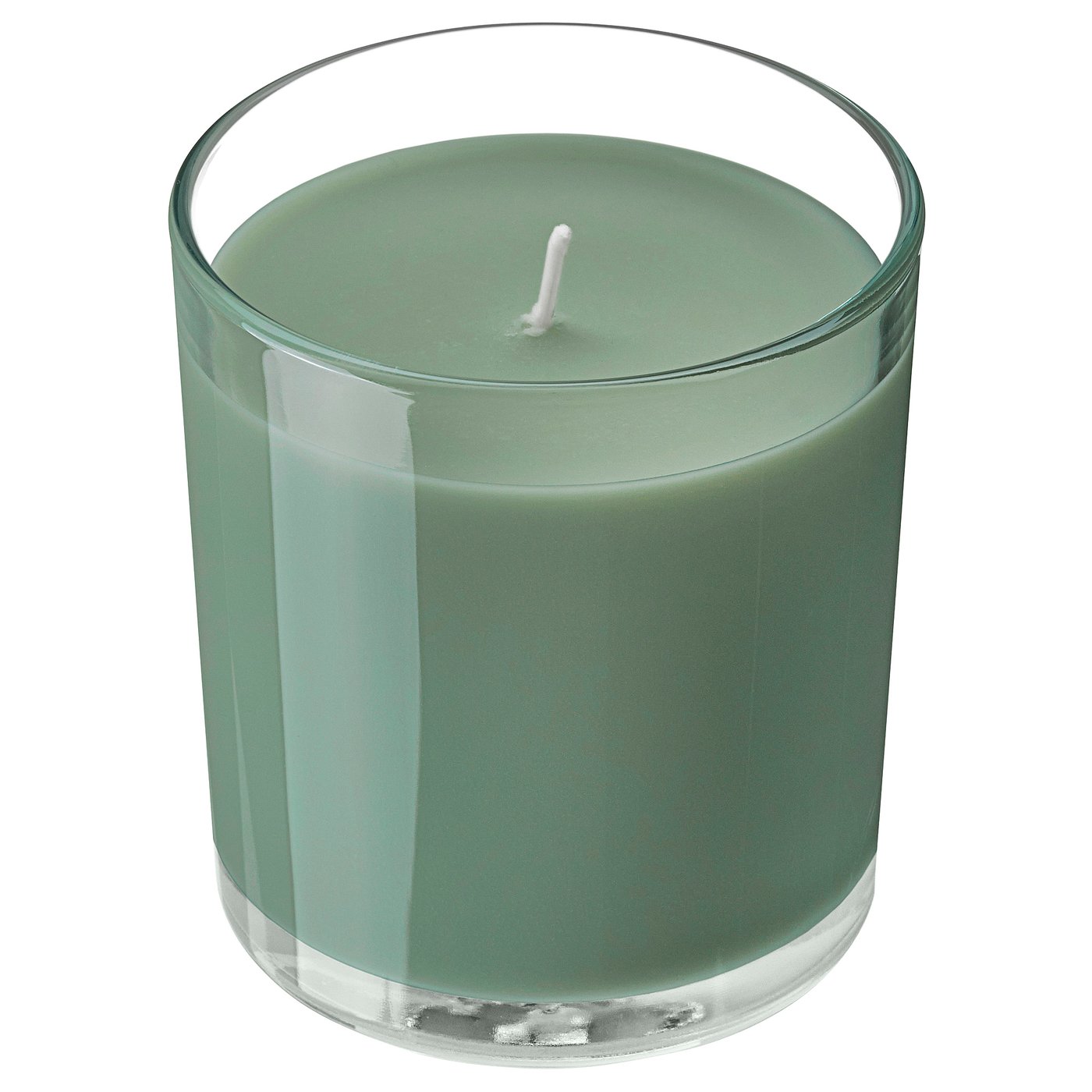 LOTSFÅGEL scented candle in glass, Fig leaf green, 8 cm