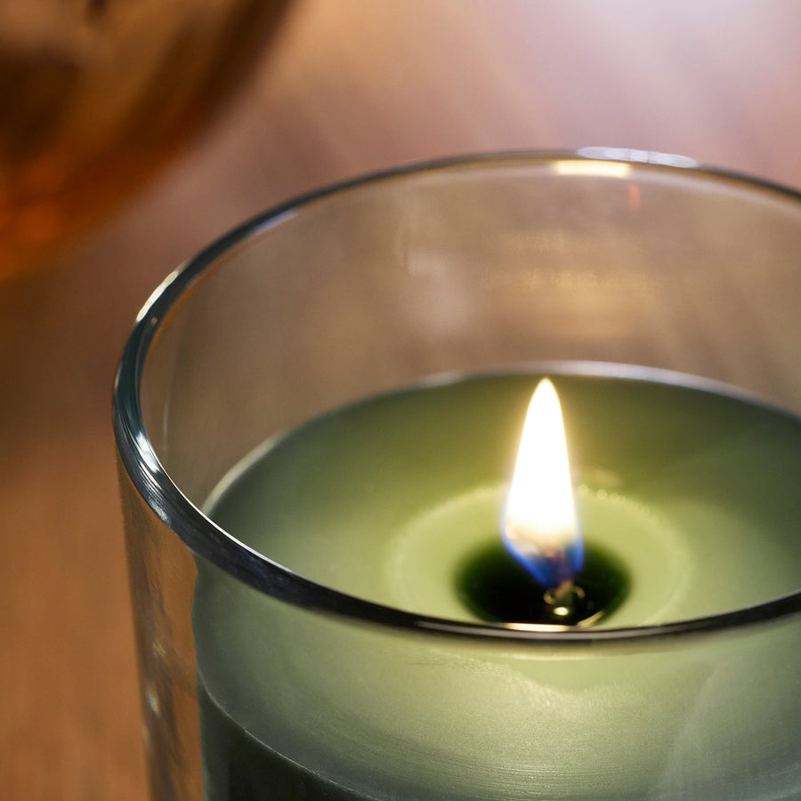 LOTSFÅGEL scented candle in glass, Fig leaf green, 8 cm