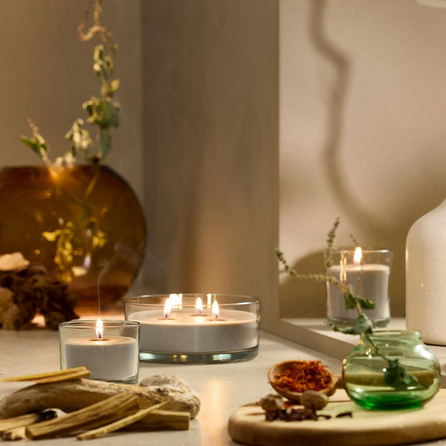 LOTSFÅGEL scented candle in glass, Sandalwood & patchouli brown, 8 cm