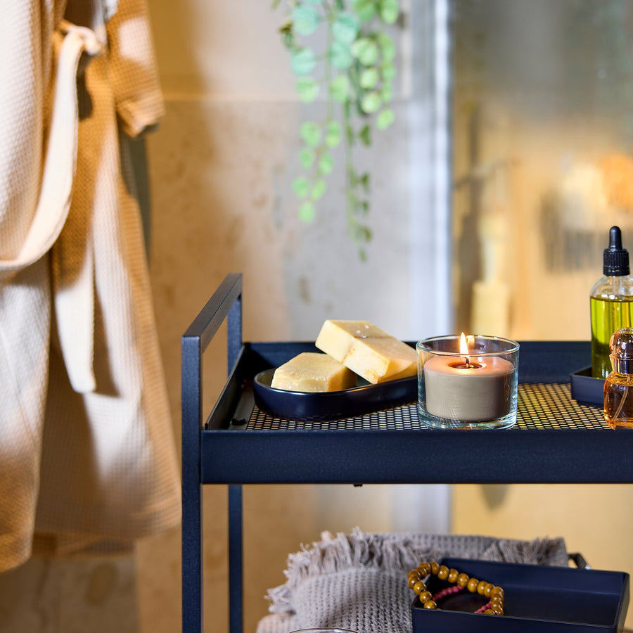 LOTSFÅGEL scented candle in glass, Sandalwood & patchouli brown, 8 cm