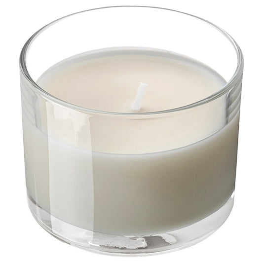 LOTSFÅGEL scented candle in glass, Vanilla pale beige, 8 cm