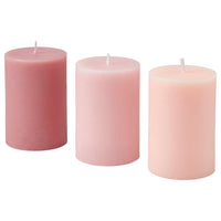LOTSFÅGEL scented pillar candle, Pink flowers pink, 30 hr, 3 pack