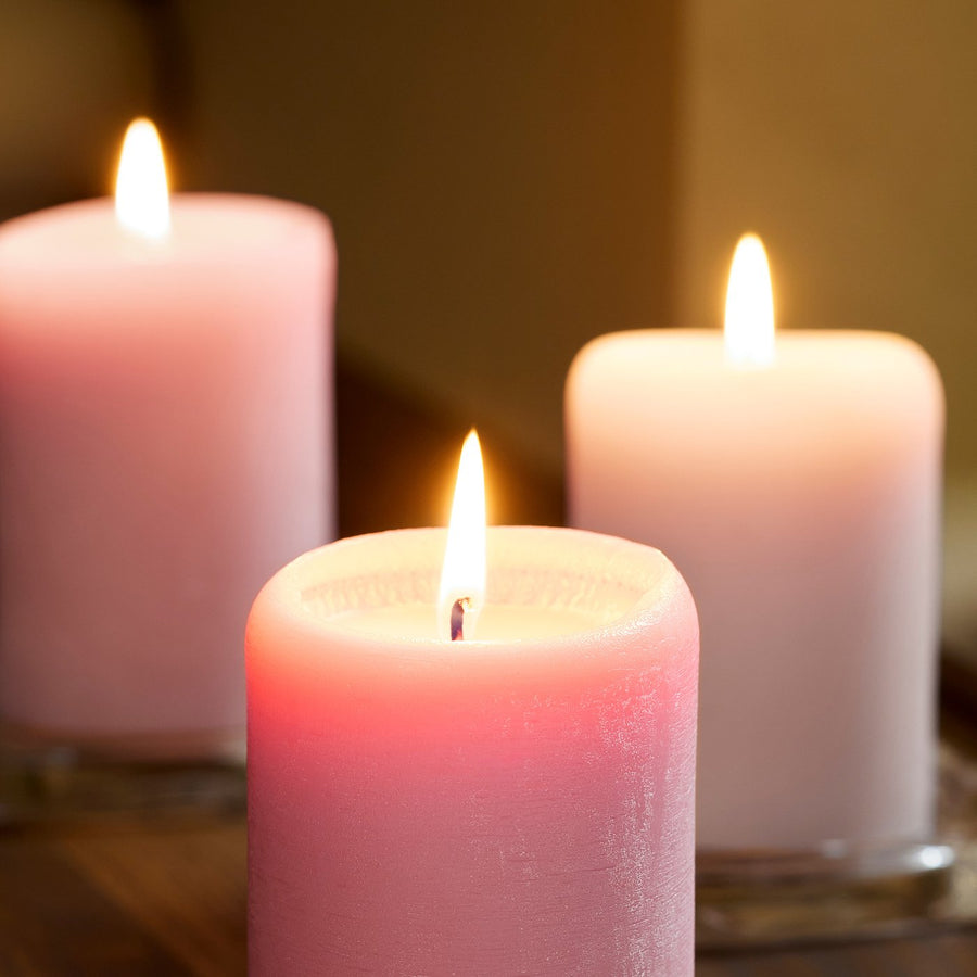 LOTSFÅGEL scented pillar candle, Pink flowers pink, 30 hr, 3 pack