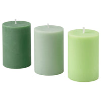LOTSFÅGEL scented pillar candle, Apple green, 30 hr, 3 pack