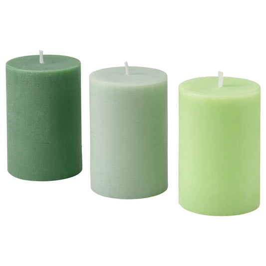 LOTSFÅGEL scented pillar candle, Apple green, 30 hr, 3 pack