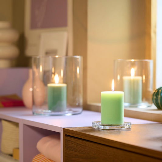 LOTSFÅGEL scented pillar candle, Apple green, 30 hr, 3 pack