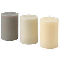 LOTSFÅGEL scented pillar candle, Vanilla beige, 30 hr, 3 pack