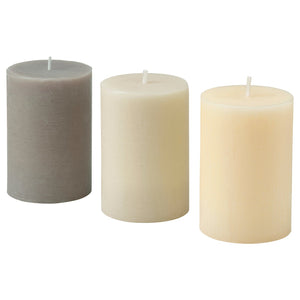 LOTSFÅGEL scented pillar candle, Vanilla beige, 30 hr, 3 pack