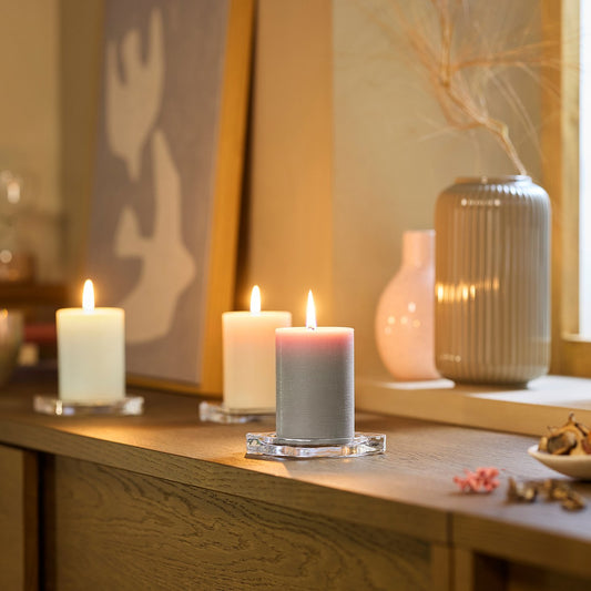 LOTSFÅGEL scented pillar candle, Vanilla beige, 30 hr, 3 pack