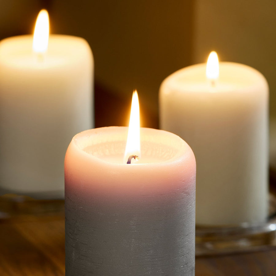 LOTSFÅGEL scented pillar candle, Vanilla beige, 30 hr, 3 pack
