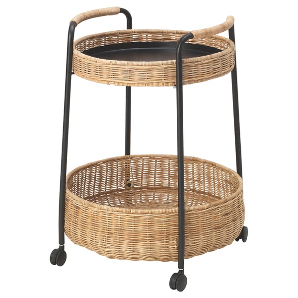 LUBBAN trolley table with storage, rattan/anthracite, 50x50 cm