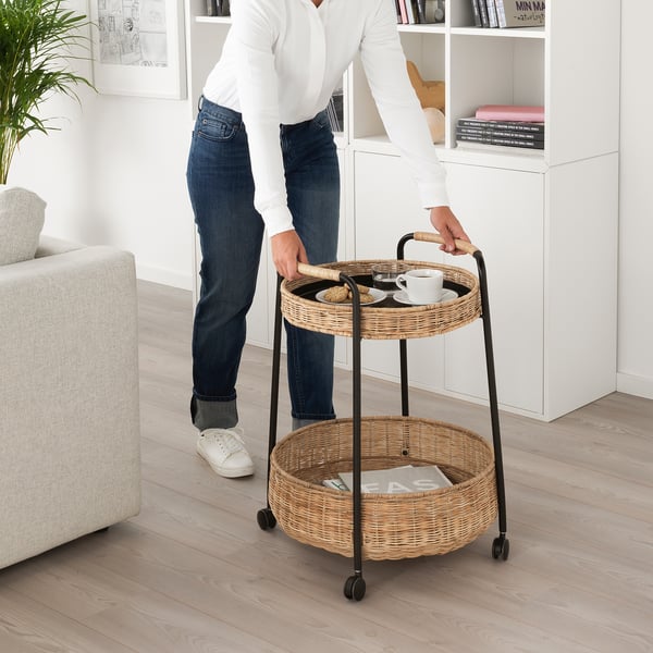 LUBBAN trolley table with storage, rattan/anthracite, 50x50 cm
