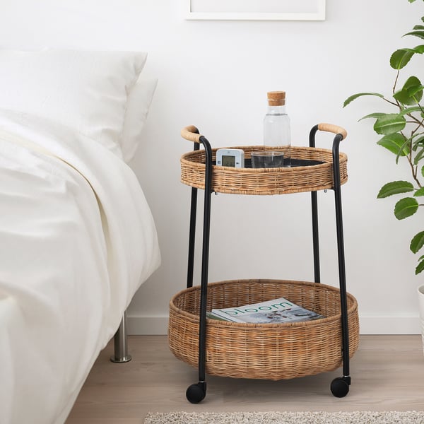 LUBBAN trolley table with storage, rattan/anthracite, 50x50 cm