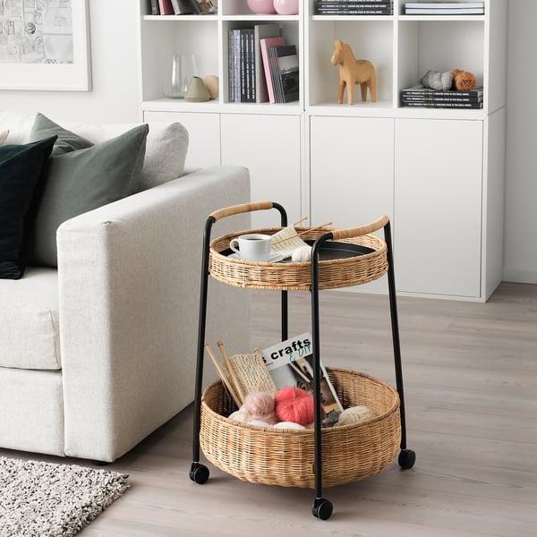 LUBBAN trolley table with storage, rattan/anthracite, 50x50 cm