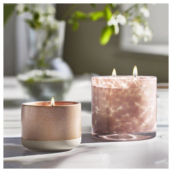 LUGNARE scented candle in glass, 2 wicks, Jasmine/light pink, 50 hr