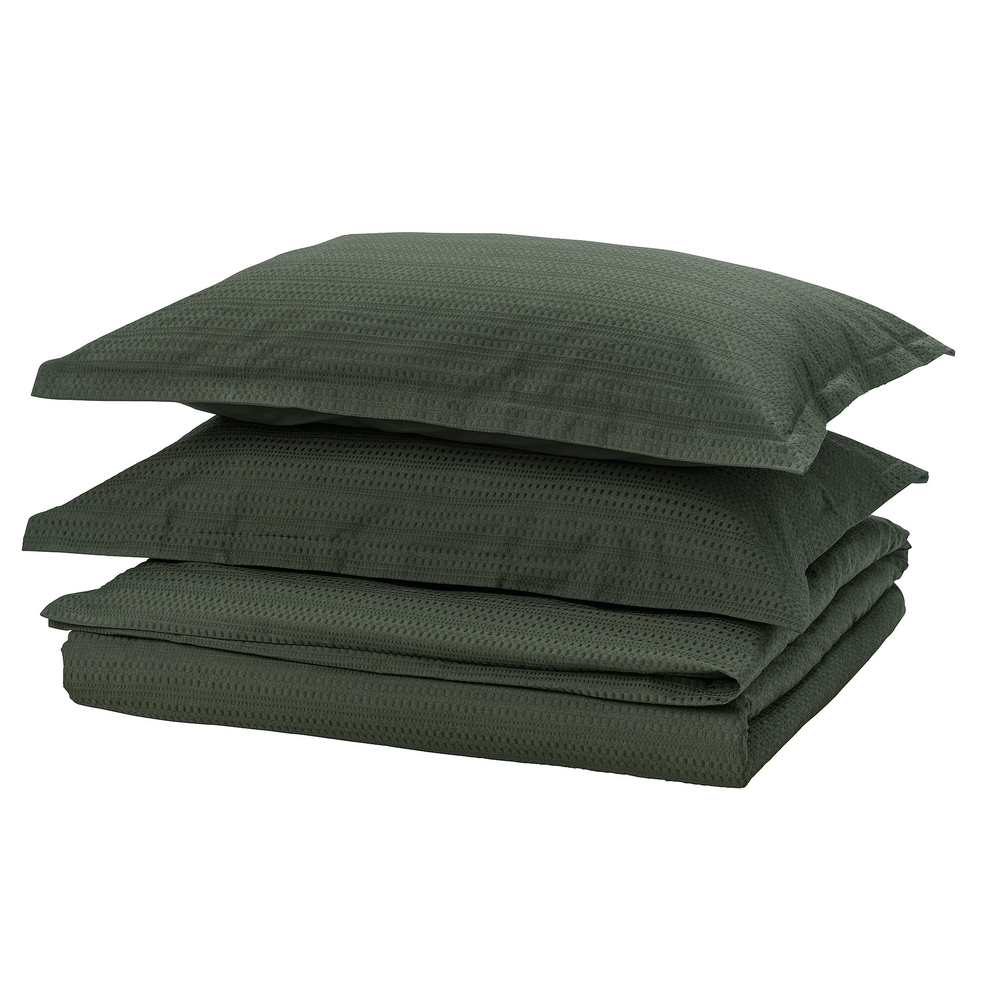 LUKTVICKER duvet cover and 2 pillowcases, dark green, 240x220/50x80 cm