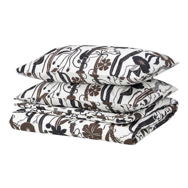 LUNDSKAFTING - LUNDSKAFTING Duvet cover and 2 pillowcases, white/black/brown, 240x220/50x80 cm