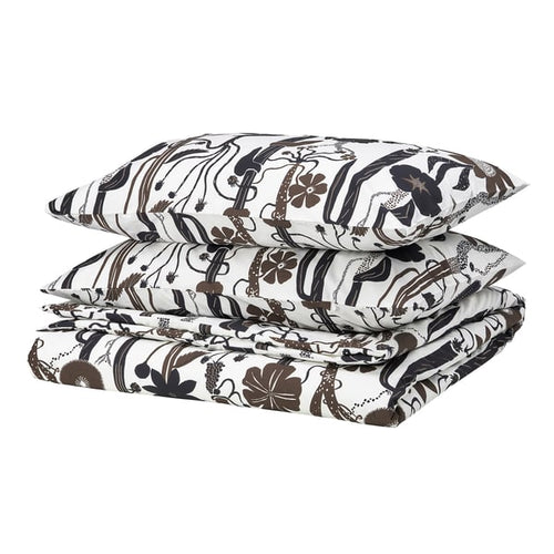 LUNDSKAFTING - LUNDSKAFTING Duvet cover and 2 pillowcases, white/black/brown, 240x220/50x80 cm