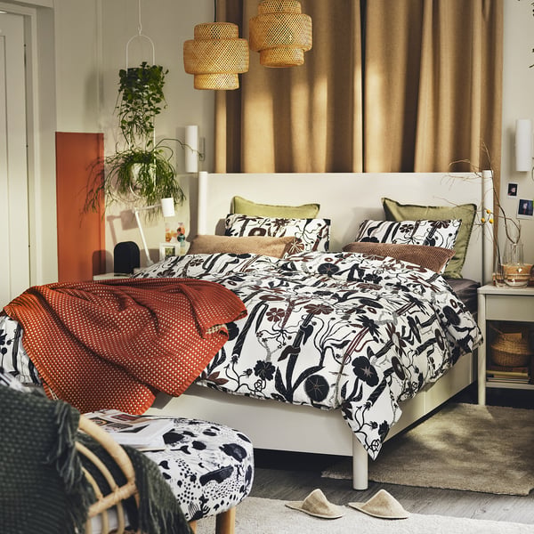 LUNDSKAFTING duvet cover and 2 pillowcases, white/black/brown, 240x220/50x80 cm