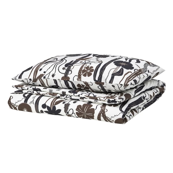 LUNDSKAFTING duvet cover and pillowcase, white/black/brown, 150x200/50x80 cm