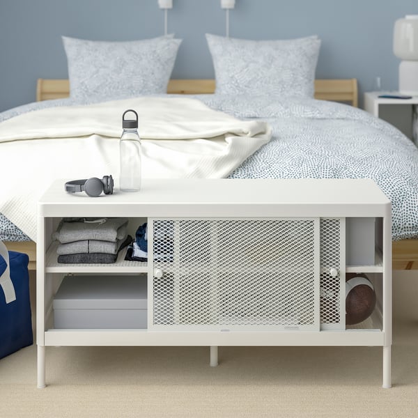 MACKAPÄR storage bench with sliding doors, white, 100x37x52 cm