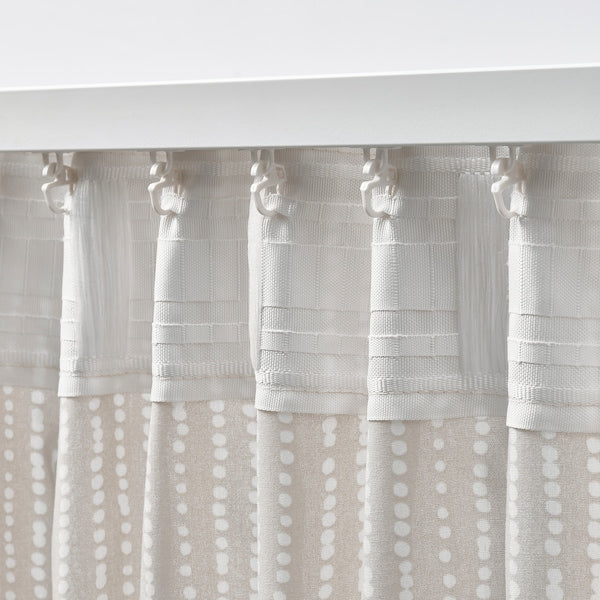 MÄSTERROT - Curtain, 2 sheets, with curling ribbon/beige/white polka dot pattern,145x300 cm