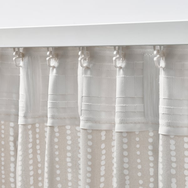 MÄSTERROT curtains, 1 pair, beige/white dot pattern/with heading tape, 145x300 cm