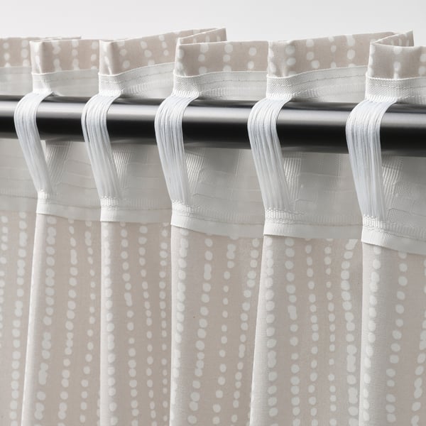MÄSTERROT - Curtain, 2 sheets, with curling ribbon/beige/white polka dot pattern,145x300 cm
