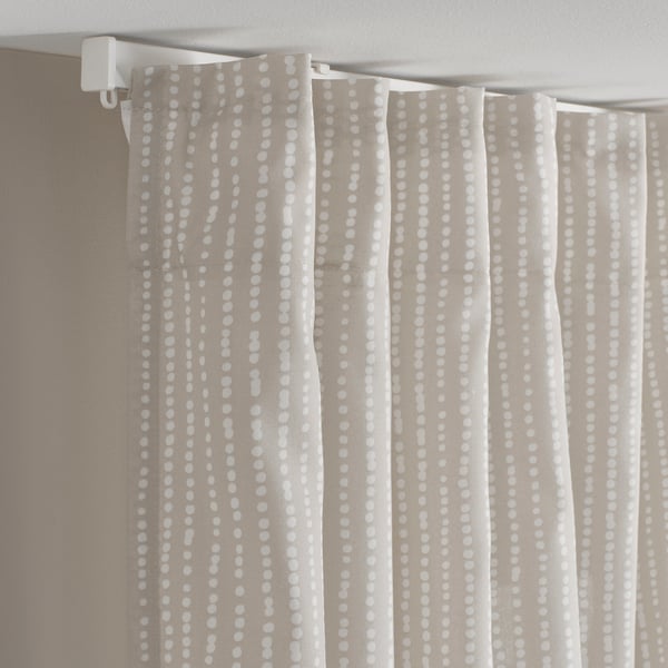MÄSTERROT - Curtain, 2 sheets, with curling ribbon/beige/white polka dot pattern,145x300 cm