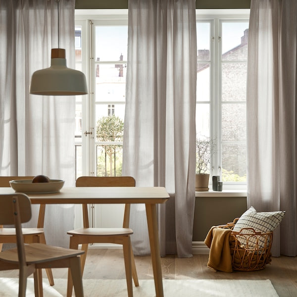 MÄSTERROT - Curtain, 2 sheets, with curling ribbon/beige/white polka dot pattern,145x300 cm