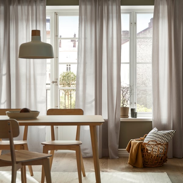MÄSTERROT - Curtain, 2 sheets, with curling ribbon/beige/white polka dot pattern,145x300 cm