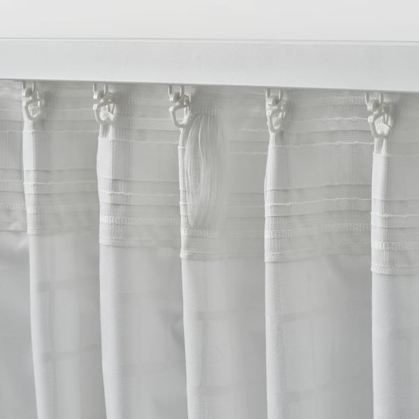 MÄSTERROT curtains, 1 pair, white white/grid with heading tape, 145x300 cm