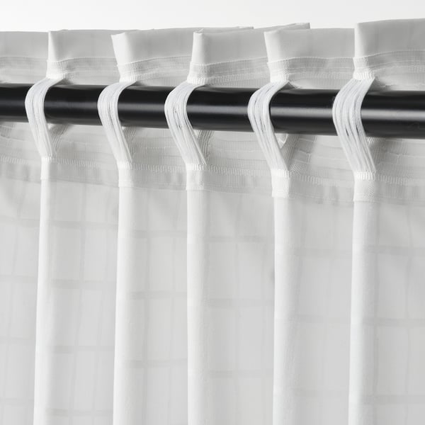 MÄSTERROT curtains, 1 pair, white white/grid with heading tape, 145x300 cm