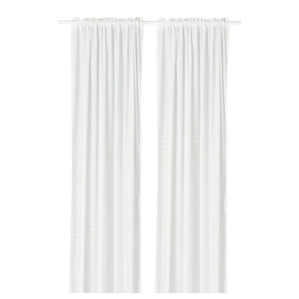 MÄSTERROT curtains, 1 pair, white white/grid with heading tape, 145x300 cm