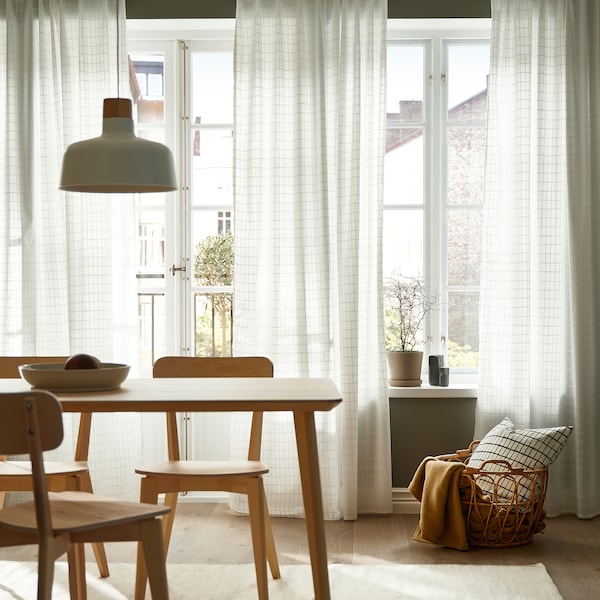 MÄSTERROT curtains, 1 pair, white white/grid with heading tape, 145x300 cm