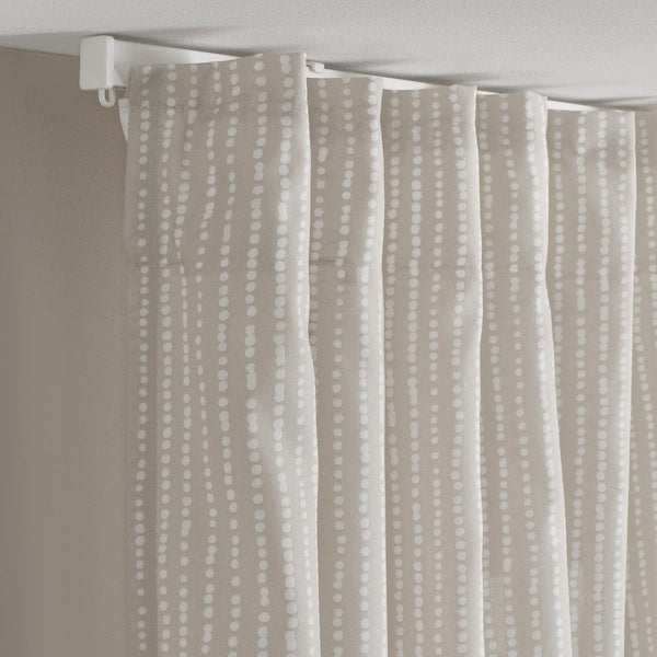 MÄSTERROT - Curtain, 2 sheets, with curling ribbon/beige/white polka dot pattern,145x300 cm