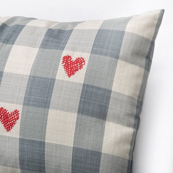 Ikea MÄVINN - Cushion cover, checked grey/red heart,40x58 cm